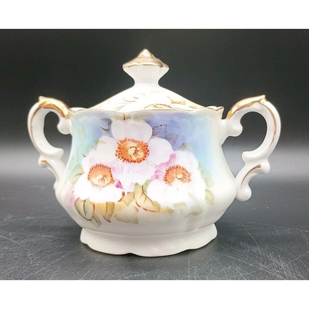 Vintage Lefton China Hand Painted Magnolia 2520 Sugar Bowl Gold Trim